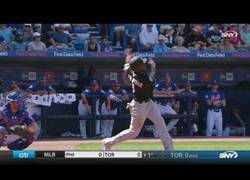 Enlace a Se le escapa el bate al golpear la bola y un jugador del banquillo la atrapa al vuelo