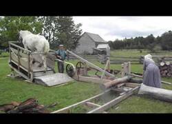 Enlace a Antiguo mecanismo para cortar troncos que utiliza la tracción de caballo