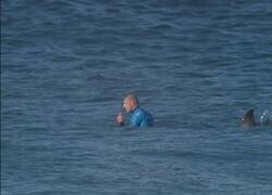 Enlace a Surfista pelea con un tiburón durante una competición