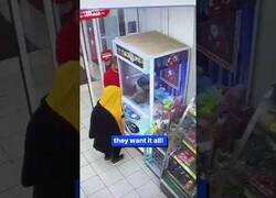 Enlace a Padre ayuda a su hijo a entrar en una máquina de gancho para robar los peluches