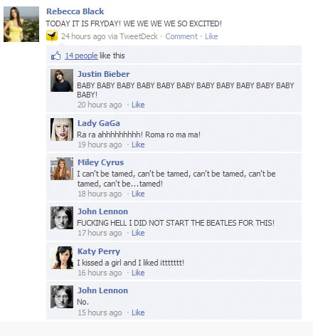 Rebecca,Katy,Justin,John,GaGa,Cyrus