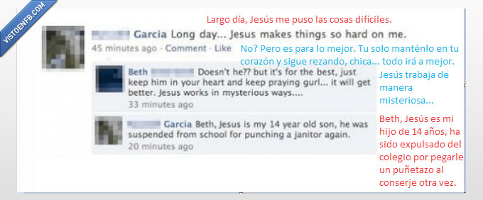 Jesús,Dios,Beth,hijo,14 años,conserje,puñetazo,facebook