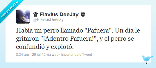 explotar,exploto,confundir,confundio,entrar,adentro,perro,llamado,pafuera