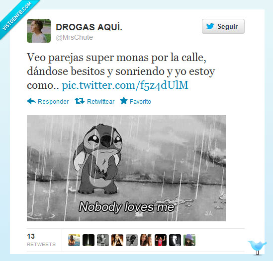 forever alone,triste,stitch,nobody loves me,amor,pareja,calle,beso,romantico