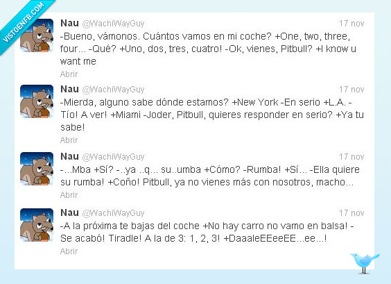 Pitbull,viaje,coche,twitter