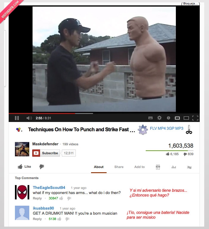 batería,manco,maniqui,muñeco,brazo,adversario,oponente,rapido,pegar,youtube,musica