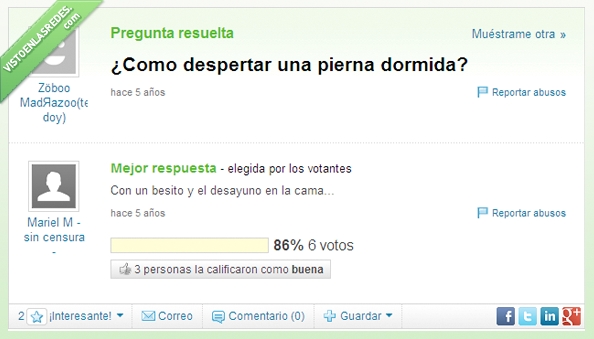Yahoo Respuestas,Respuesta epica,desayuno,cama,LoL,Dormida,Pierna,Troll