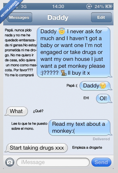mono,padre,whatsapp,conversacion,pedir,droga,buena,hija