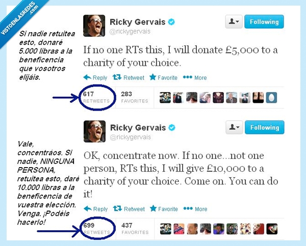 ricky gervais,donar,no hacer rt,twitter,beneficencia