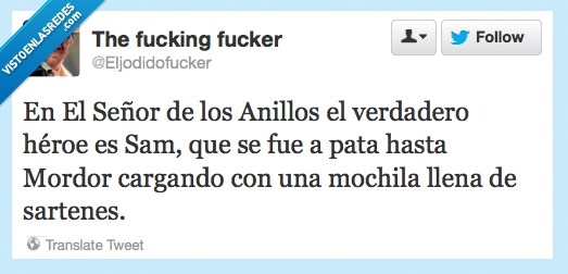 Señor,Anillos,verdadero,héroe,Sam,Mordor,cargado,mochila,llena,sartenes