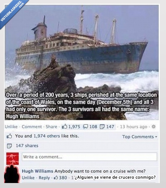 hugh williams,barco,naufragio,superviviente,crucero,facebook,humor