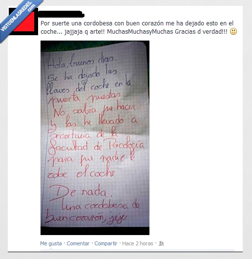 cordobesa,nota,llaves,coche,buen,corazon