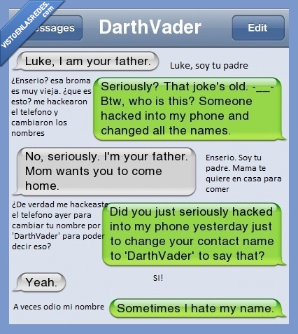 conversacion,padre,hijo,Darthvader,luke,son,father,whatsapp,mensaje,movil,hack,hackear,madre,comer,soy tu padre