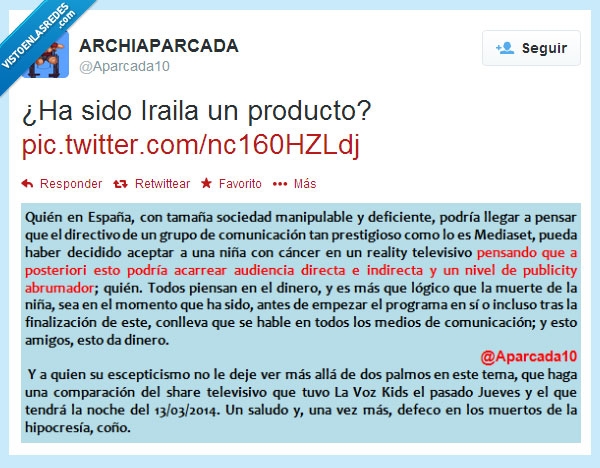 Iraila,cáncer,lavozkids,producto,marketing,aparcada10,telecinco,inmoralidad