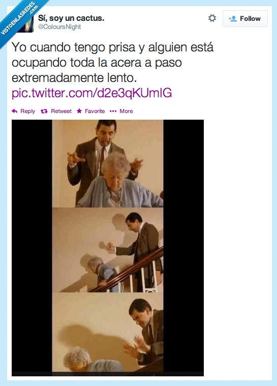 mr bean,rowan atkinson,bajar,escalera,detras,señora,anciana,mayor,lenta,vieja,desesperar