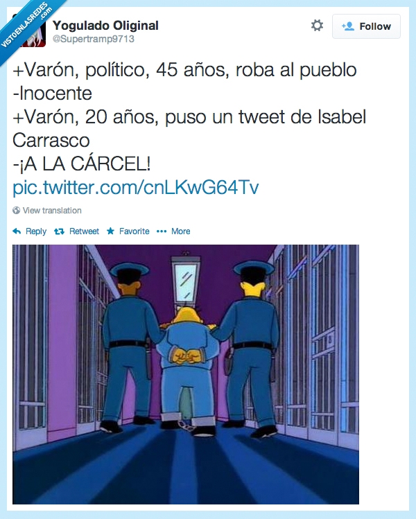 Isabel Carrasco,corrupto,politico,prision,insultar,tweet,justicia nefasta,corrupcion,los simpson,twitear,cárcel,encerrar