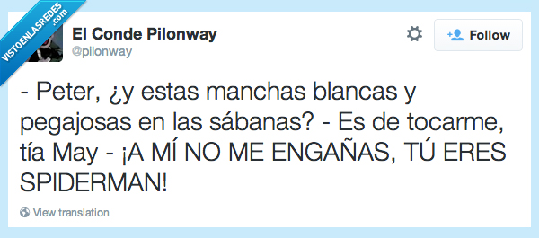 peter,mancha,blanca,sabana,tocar,spiderman,tia may,mentira,ocultar