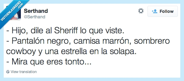 Sheriff,niño,Twitter,viste,pantalon,camisa,sombrero,estrella,solapa