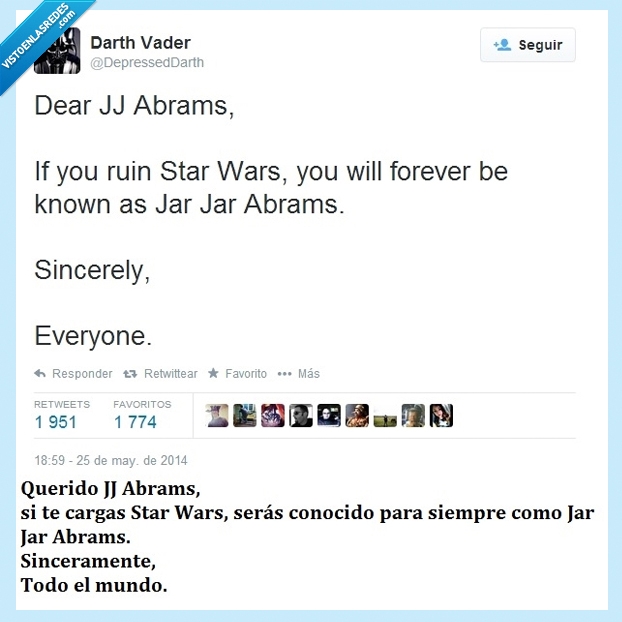 JJ Abrams,Star Wars,fastidiar,Jar Jar Binks,amenaza,aviso