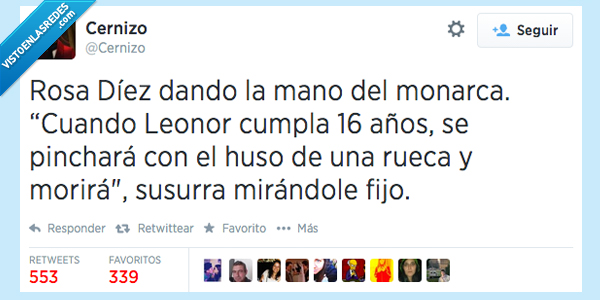 rosa diez,la bella durmiente,mirar,susurra,morira,rueca,huso,dedo,pinchara,16,cumpla,leonor,rey,monarca,mano