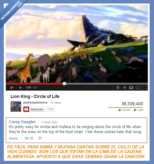 Youtube,El ciclo de la vida,El Rey León,Comentario,arriba,cadena alimenticia,cebras