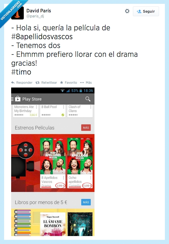 timo,play store,ocho apellidos vascos,clara lago,dani rovira,precio,pagar,barato,caro