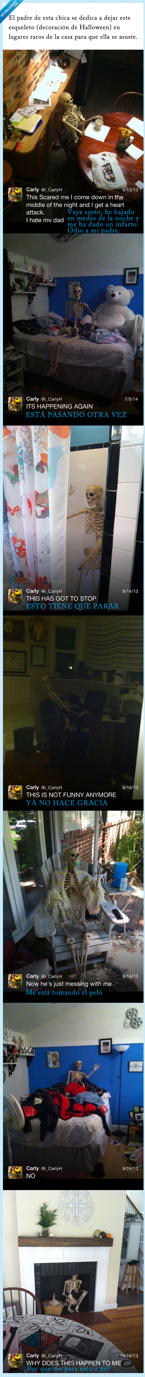 padre,hija,asustar,esqueleto,esconder,colocar,casa,halloween,susto