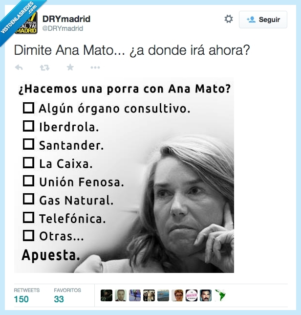 Ana Mato,dimite,dimision,porra,futuro,iberdrola,banco,fenosa,la caixa,telefonica,empresa