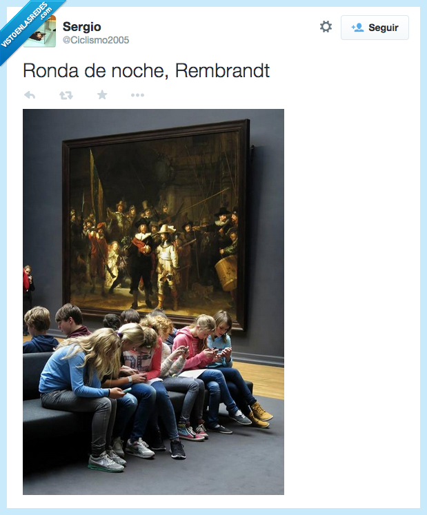 ronda de noche,cuadro,museo,Rembrandt,niños,chicos,movil,mirar,smartphone,arte,triste