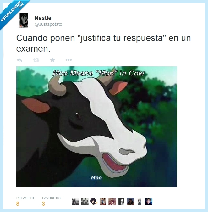 respuesta,justificar,examen,justifique,anime,subtitulo,nota,ruido,vaca,mu,moo,potato