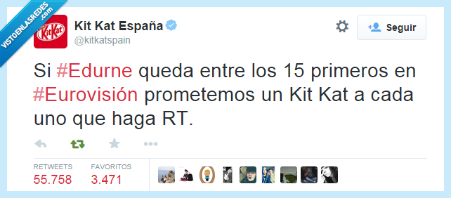 retwees a lo bestia,Eurovision,Edurne,Kit Kat,top 10 en 2012 y 2014