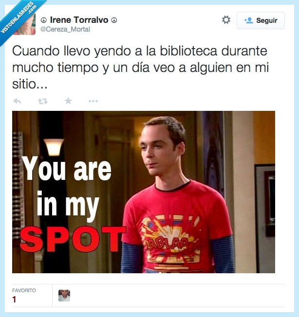 biblioteca,durante,tiempo,día,veo,alguien,sitio,Sheldon Cooper,You are in my spot,TBBT,The Big Bang Theory
