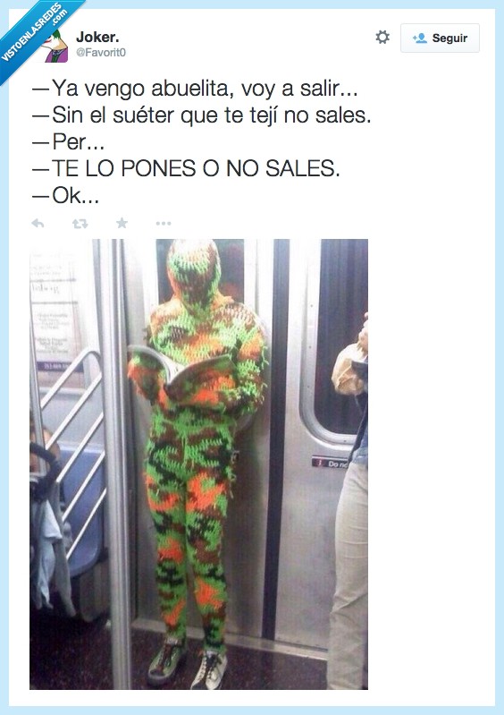 onesie,frio,salir,tejer,sueter,abuela,pijama,militar,camuflaje,metro,leer,pintas
