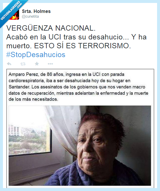 Gobierno,españa,desahucio,vida,pobre,twitter,foto,muerte,morir,señora,Amparo Perez,Santander