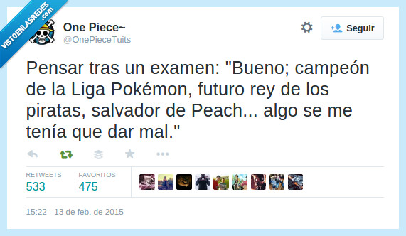 pensar,tras,examen,suspender,campeon,liga,pokemon,futuro,rey,piratas,salvador,peach,mario,One Piece,algo,dar,mal