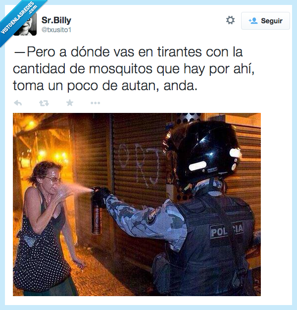 autan,tirante,mosquito,antidisturbio,spray,ojos,mujer,ayudar,manifestante,antimosquito