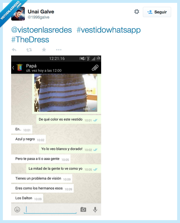 vestido,color,azul,lila,dorado,marron,eres,como,daltonico,hermano,Dalton,polemica,whatsapp,padre,papa,colores
