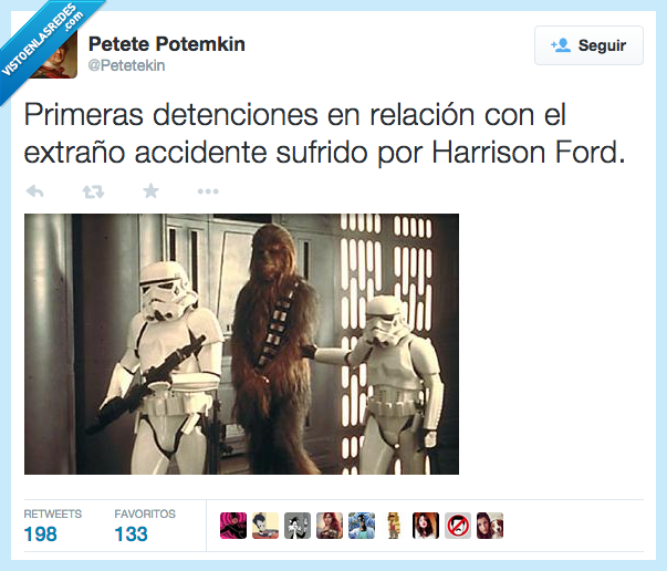 primeras,detener,detenciones,extraño,accidente,sufrir,sufrido,Harrison Ford,avioneta,Star Wars,Chewbacca
