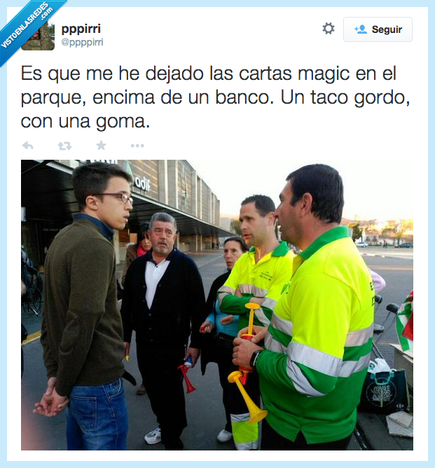 Iñigo Errejon,dejado,dejar,cartas,magic,encima,parque,banco,taco,gordo,goma,niño,barrendero,limpiar,joven