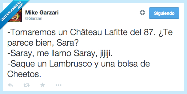 Sara,Saray,vino,caro,Chateau,Laffite,clase,distinguido,Lambrusco,bolsa,cheetos