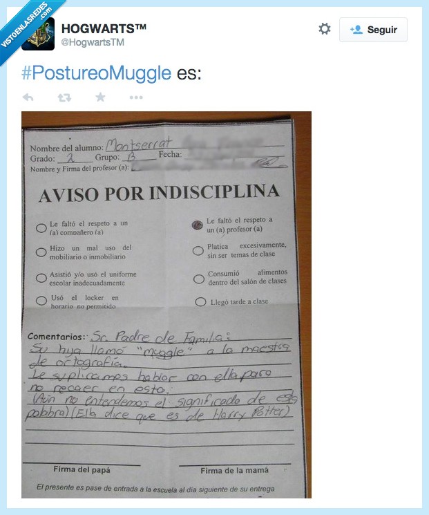 muggle,profesora,ortografia,hija,montserrat,insulto,insultar,parte,volante,nota,padres,madre,padre,Harry Potter