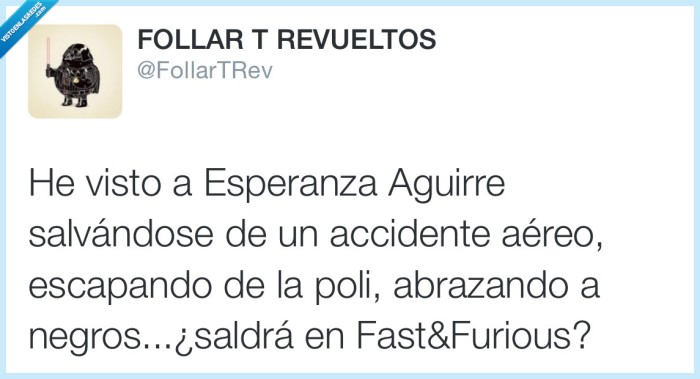 Esperanza Aguirre,accidente,aereo,helicoptero,escapar,poli,huir,coche,abrazando,abrazar,negro,negra,Fast,Furious,A todo gas,pelicula,cameo
