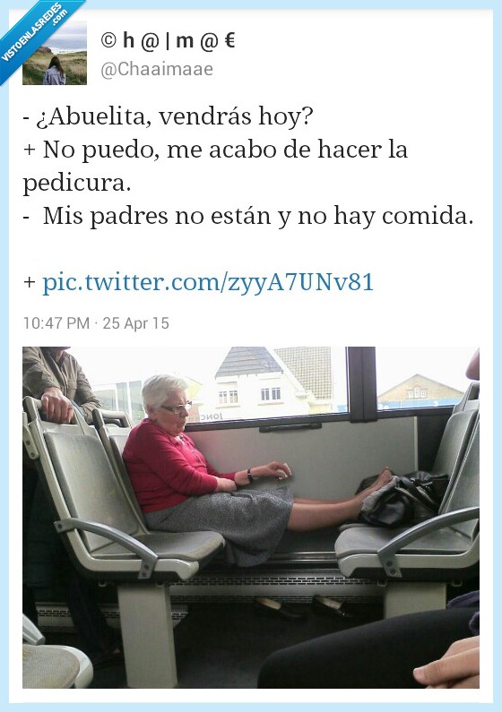 abuelita,abuela,hambre,comida,autobus,pedicura,ir,correr,padres,solo,llevar,subir,pies