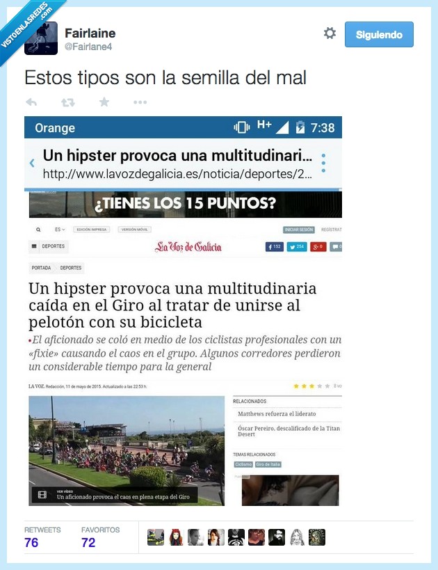 hipster,provocar,provoca,caída,Giro de Italia,unir,unirse,pelotón,bicicleta,semilla del mal