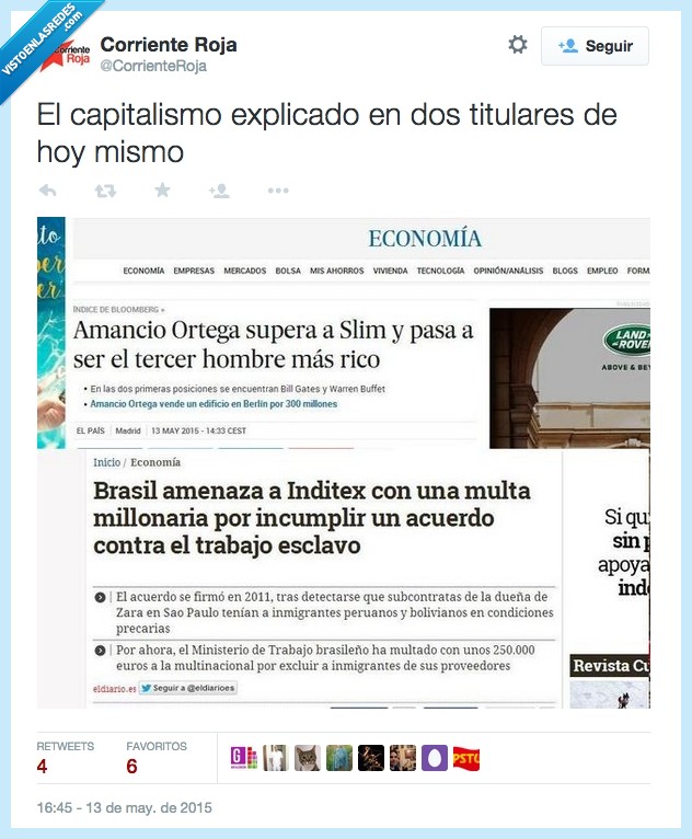 capitalismo,inditex,amancio ortega,Brasil,denuncia,esclavo,esclavitud,fabrica,Slim,rico,dinero,titular