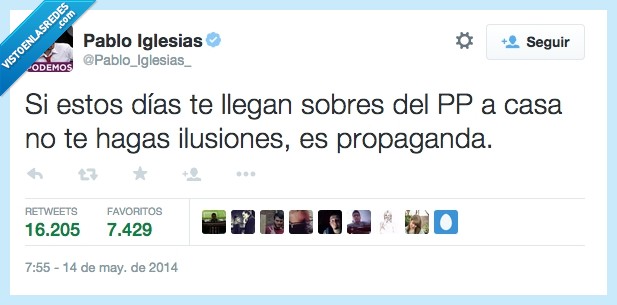 Pablo Iglesias,zasca,es todo un tweetstar el coletas. PP. sobres. politica. coletas