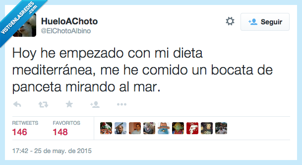 dieta mediterránea,comer bocata,panceta,mirar al mar