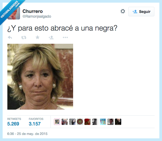 Esperanza Aguirre,cara,triste,abrace,abrazar,negra,alcaldia,racista,Madrid,elecciones2015,España,política