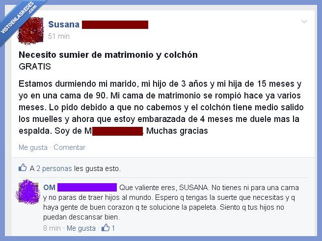 facebook,sumier,somier,colchón,matrimonio,hijos,descansar,embarazada,planificación familiar,pobreza,no cabemos