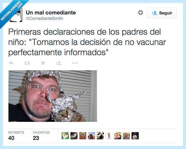 primera,declaracion,padre,loco,niño,gato,tinfoil,casco,gorro,papel,albal,plata,aluminio,decision,informado,vacuna,España,peligro